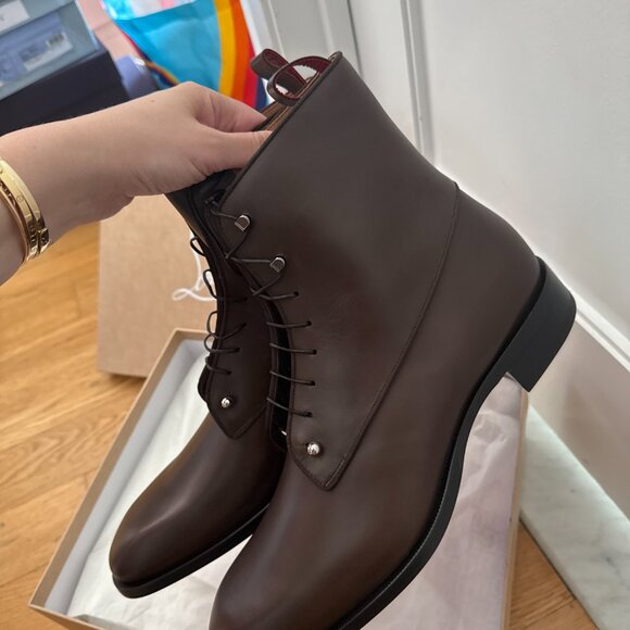 NWT Christian Louboutin Chambeliboot Flat Booties In Cosme Brown Leather Lace Up - Picture 9 of 12